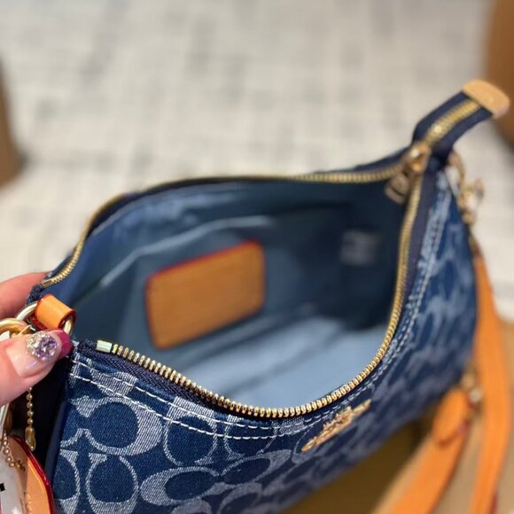 Denim Blue Shoulder Bag with Tan Strap - Picture 6 of 6